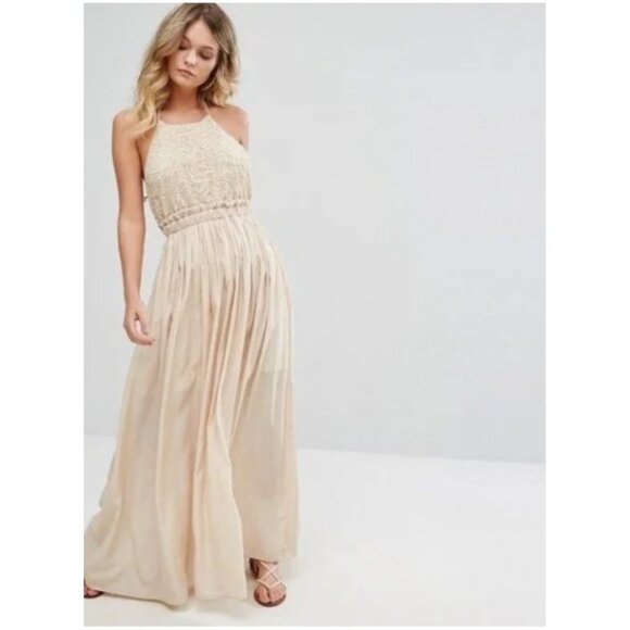 Moon River S Boho Halter Crochet Lace Linen Halter Neck  Backless Dress Beige - Picture 1 of 10